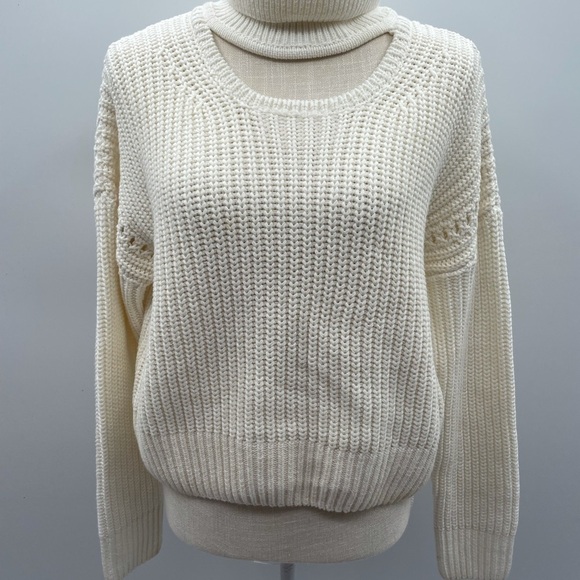 BISHOP & YOUNG winter white ribbed open chest cable knit boho turtleneck sweater - Picture 3 of 9